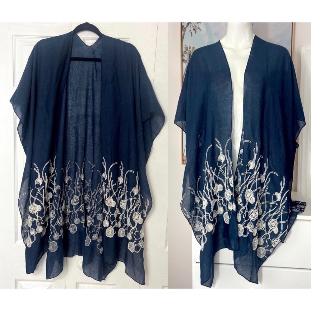 Lava Accessories Navy Floral Embroidered Lightweight Open Kimono One Size